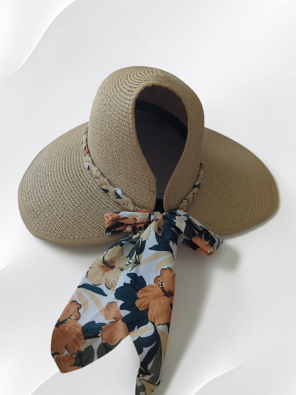 Women's Roll Up Straw Sun Visor Wide Brim Packable Beach Hat With Floral Bow - Picture 5 of 5